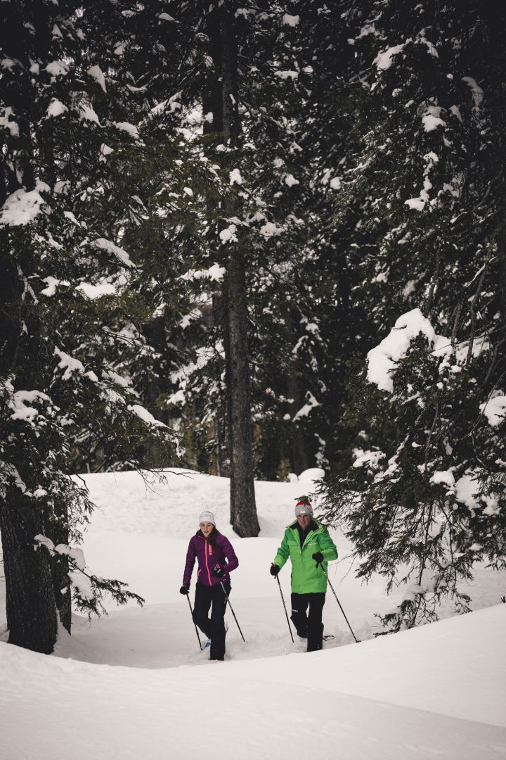 zwei Personen genießen die traumhafte Schneelandschaft beim Winterwandern durch die Wälder von Lech Zürs
