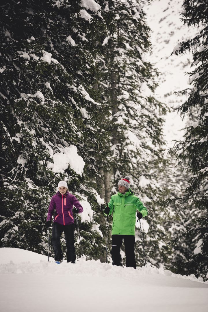 Blick auf die verschneiten Wälder, während im Vordergrund zwei Personen beim Schneeschuhwandern sind