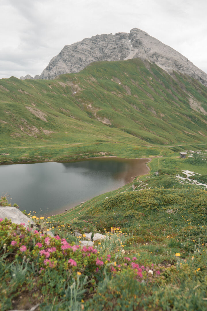 Klarer Bergsee, umgeben von grünen Wiesen und einem Berggipfel.