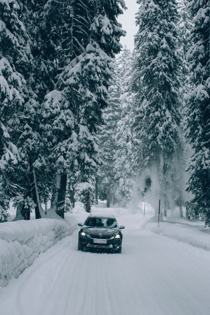 Auto fährt durch tief verschneiten Wald auch die Fahrbahn ist mit Schnee bedeckt und auf dem Autodacht liegt ebenfalls Schnee