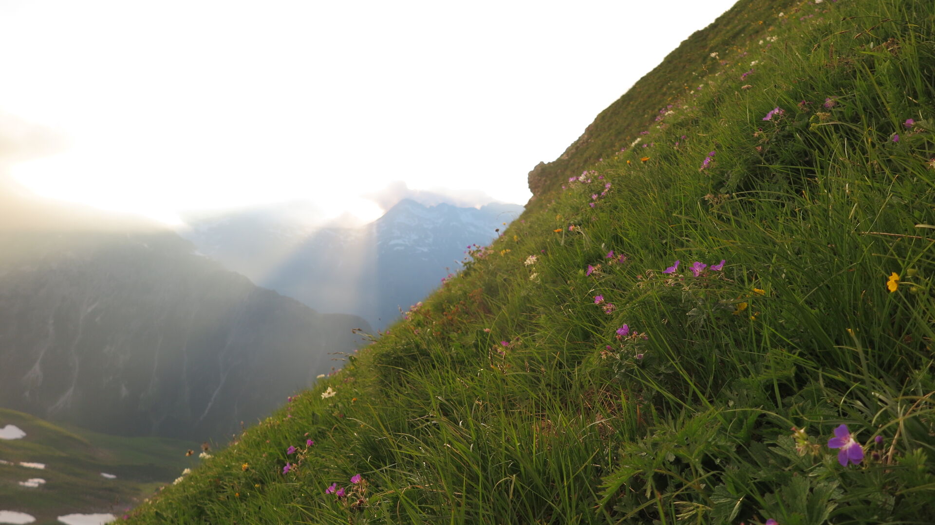 Sonnenuntergang beim Abstieg vom Omeshorn