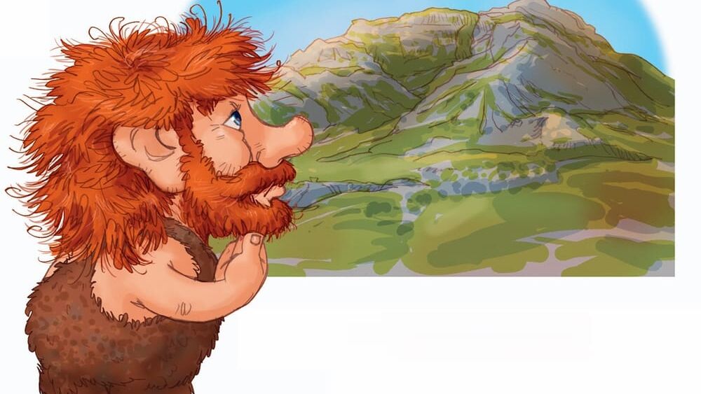 Ein Troll betrachtet eine Naturlandschaft mit Gipslöchern