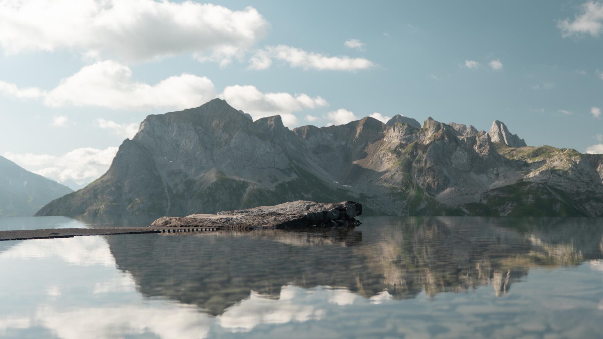 Frau auf Felsen in einem spiegelnden Bergsee vor schroffem Alpenpanorama.