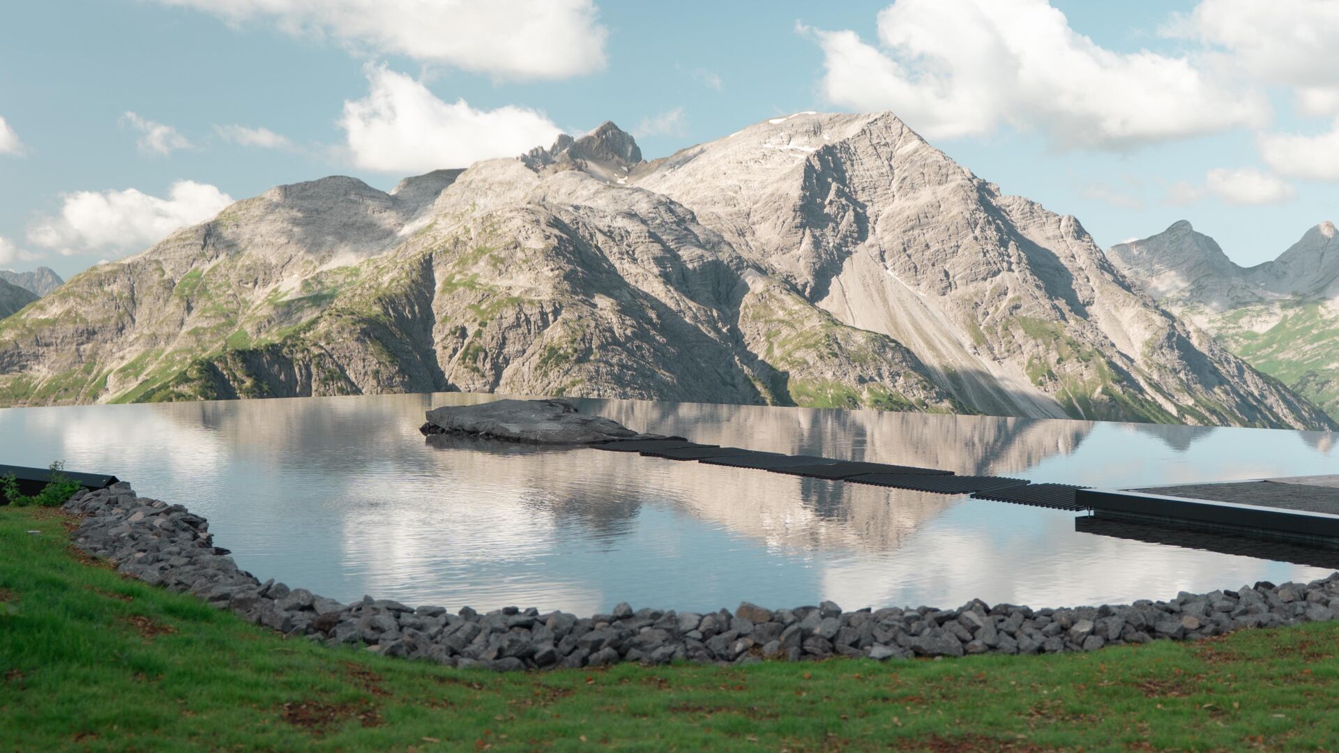 Frau auf Felsen in einem spiegelnden Bergsee vor schroffem Alpenpanorama.