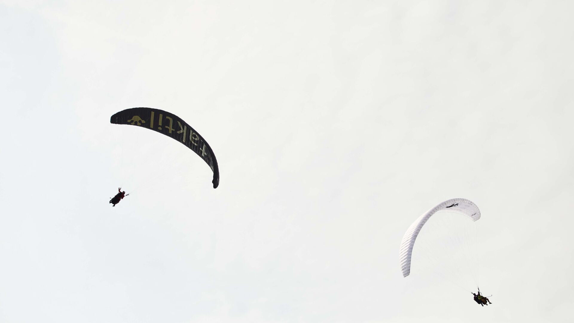 Zwei Paragleiter von hinten zu sehen und im Hintergrund ein wolkenreicher Himmel