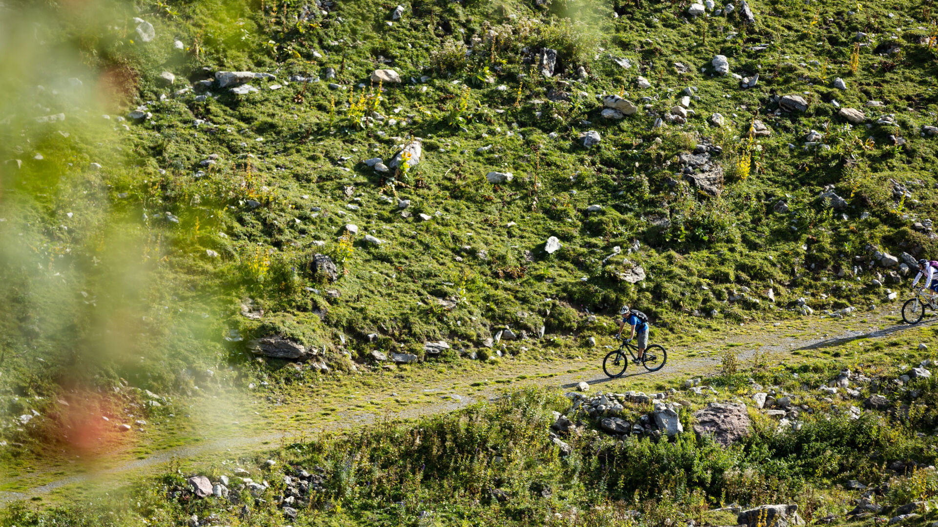Zwei Radfahrer fahren durch eine grüne Wiese in den Bergen. 
