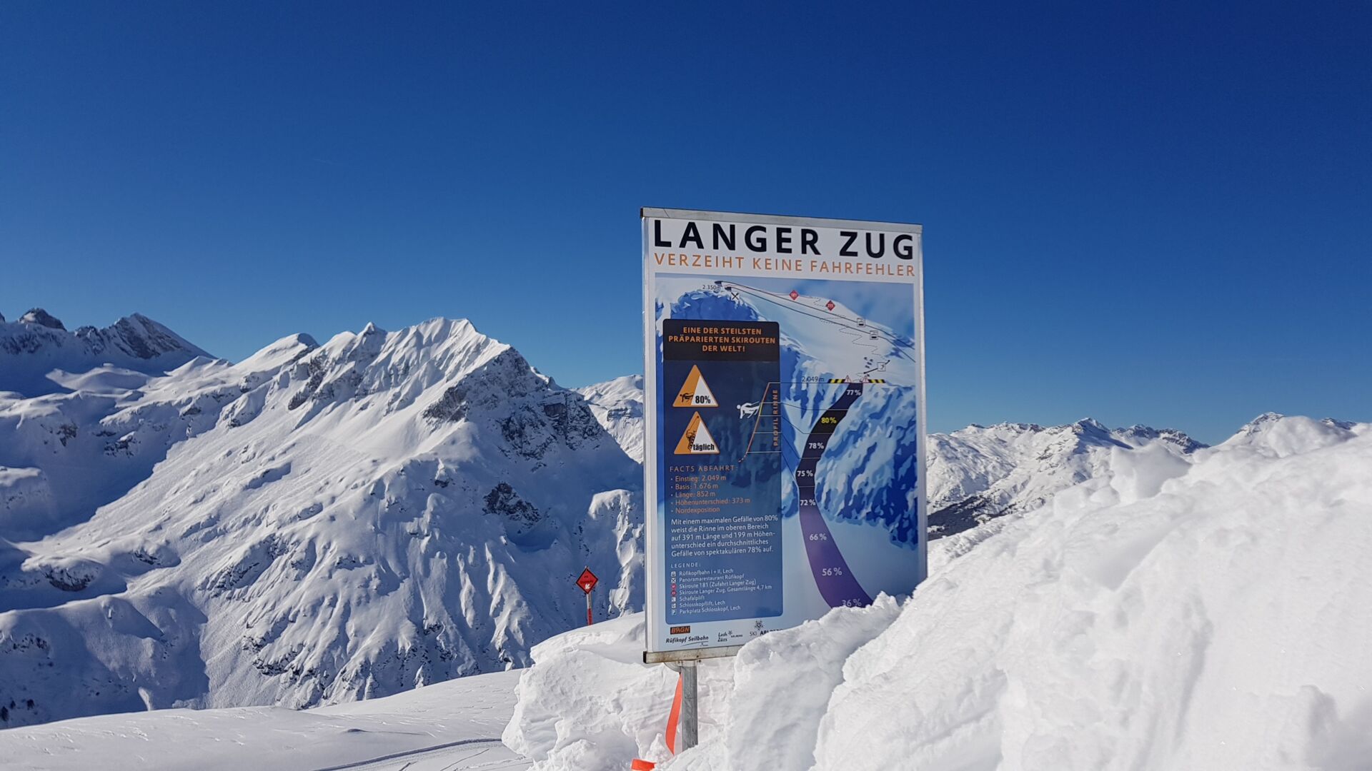 Infotafel Langer Zug und im Hintergrund sieht man die verschneite Bergkulisse