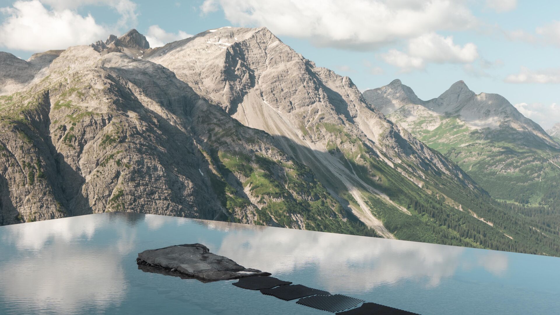 Frau auf Felsen in einem spiegelnden Bergsee vor schroffem Alpenpanorama.