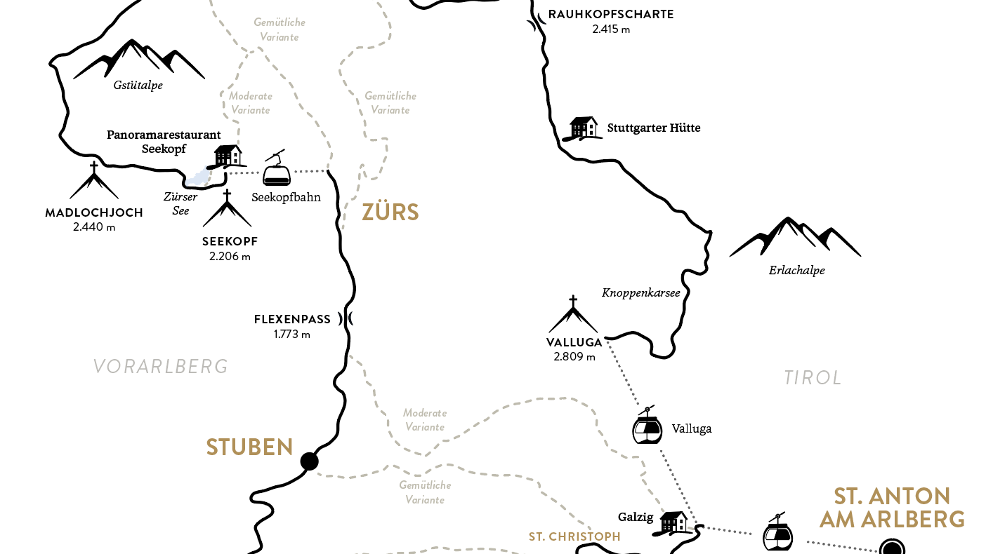 Kartenausschnitt des Arlberg Trails