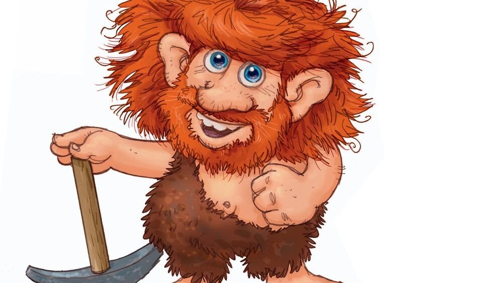 Ein Troll mit roten Haaren stützt sich auf eine Spitzhacke und lächelt