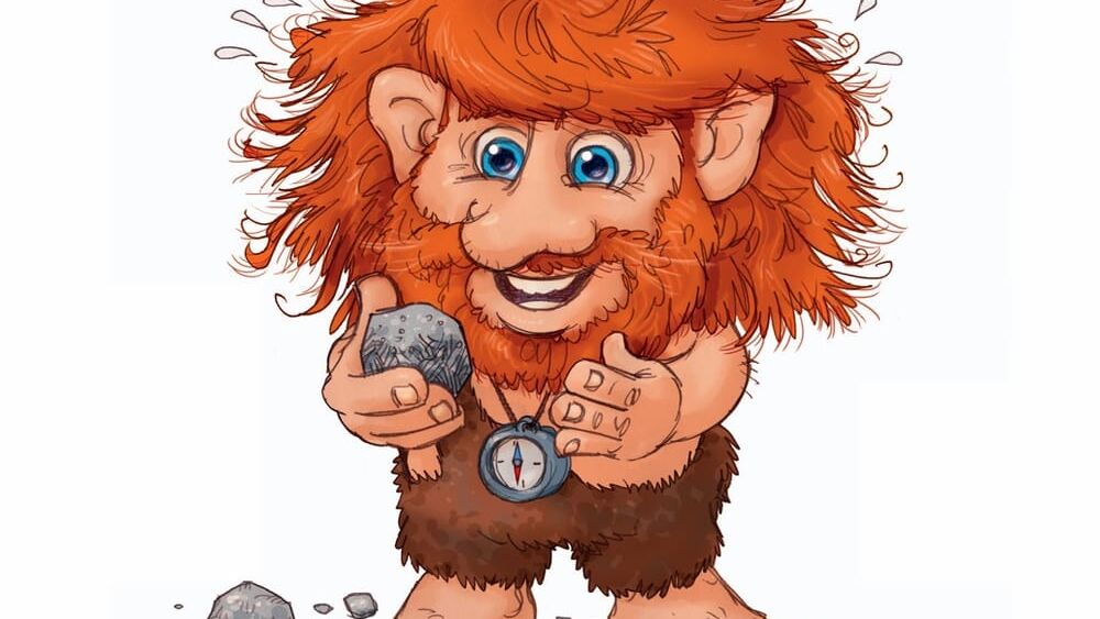Ein Troll mit roten Haaren hält einen Stein in der Hand und betrachtet diesen
