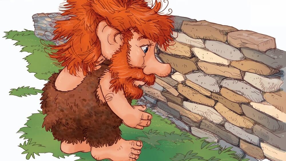 Ein Troll steht vor einer Steinmauer und betrachtet diese