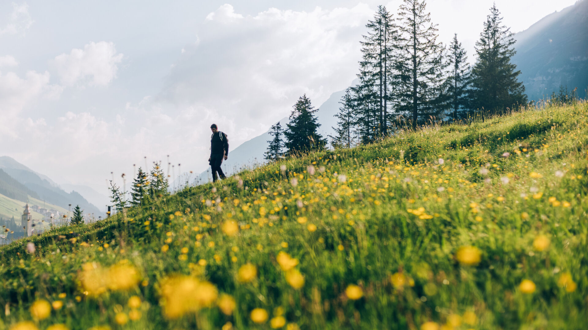 Ein Wanderer wandert über eine blühende Bergwiese
