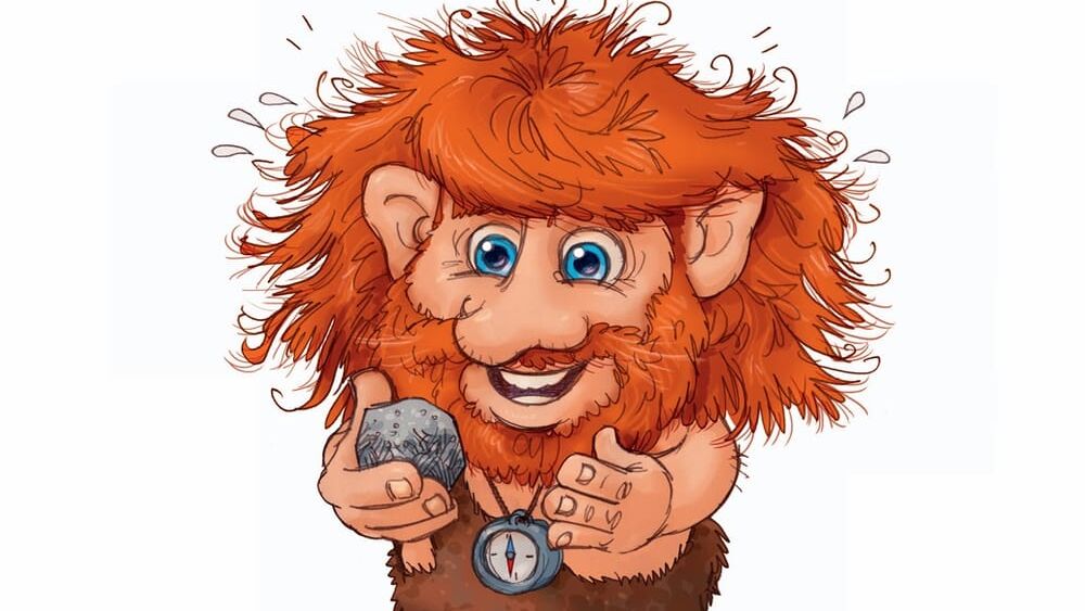 Ein Troll mit roten Haaren hält einen Stein in der Hand und betrachtet diesen