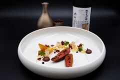 Taube mit Blutwurstcreme und topinambur u Sake