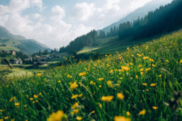 Blumenwiesen im Bergfrühling Lech blühende Blumenwiese mit Berglandschaft im Hintergrund