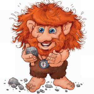 Ein Troll mit roten Haaren hält einen Stein in der Hand und betrachtet diesen
