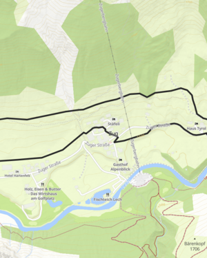 vier Freunde spazieren gemeinsam auf dem Winterwanderweg durch den Nadelwald