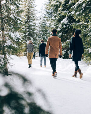 vier Freunde spazieren gemeinsam auf dem Winterwanderweg durch den Nadelwald