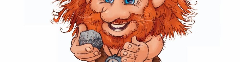 Ein Troll mit roten Haaren hält einen Stein in der Hand und betrachtet diesen