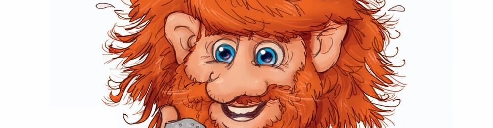 Ein Troll mit roten Haaren hält einen Stein in der Hand und betrachtet diesen