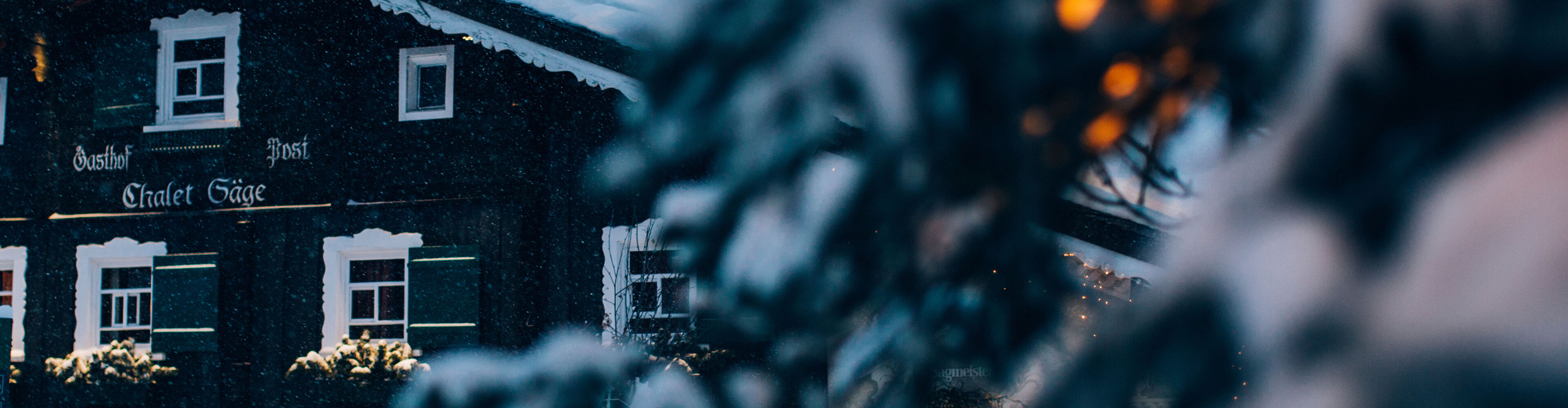 Blick auf ein uriges, schneebedecktes Haus, im Hintergrund sieht man die schneebedeckten Nadelbäume