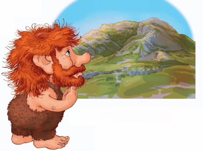 Ein Troll betrachtet eine Naturlandschaft mit Gipslöchern