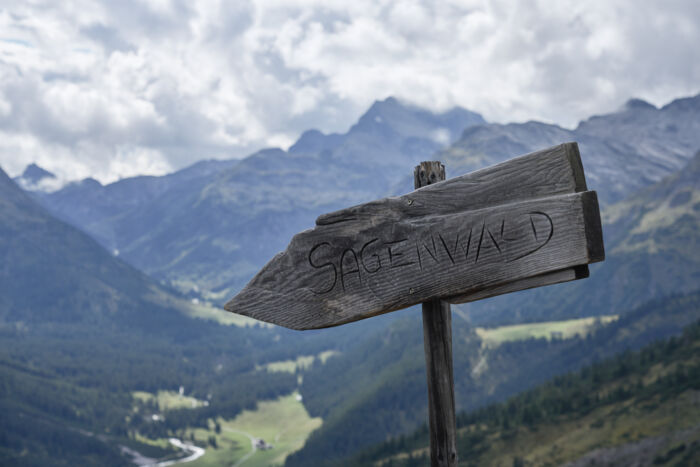 Holzschild welches den Sagenwald ausweist