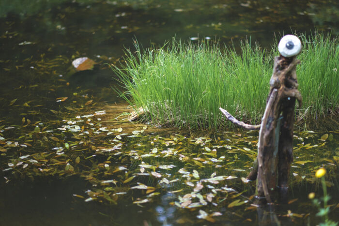 Holzfigur im Wasser auf der Strecke des Grünen Rings