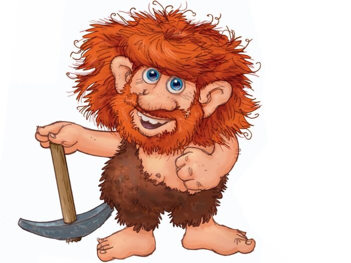 Ein Troll mit roten Haaren stützt sich auf eine Spitzhacke und lächelt