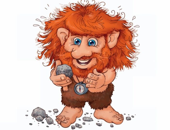 Ein Troll mit roten Haaren hält einen Stein in der Hand und betrachtet diesen