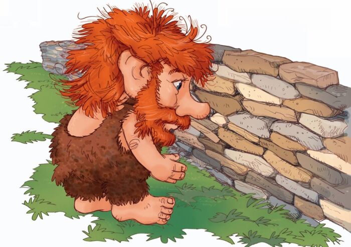 Ein Troll steht vor einer Steinmauer und betrachtet diese