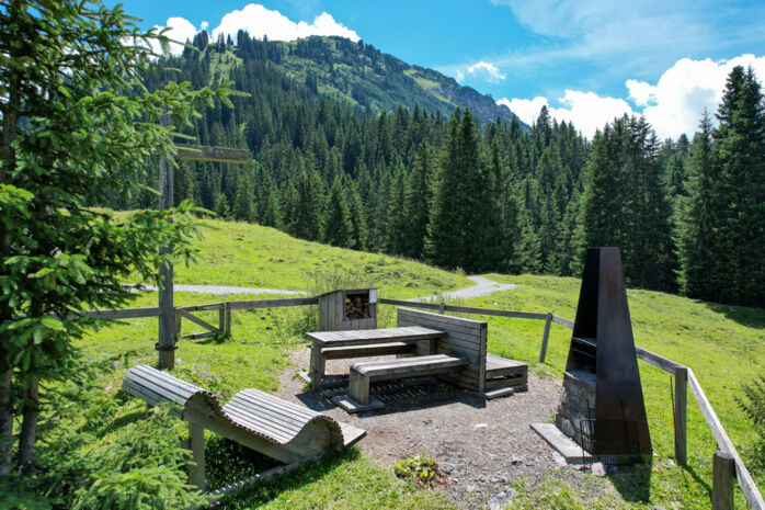 Grillplatz in Stubenbach umringt von grünen Wiesen und hohen Bäumen