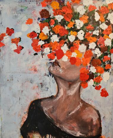 gemaltes Bild, Frau mit Blumen Ã¼ber dem Gesicht