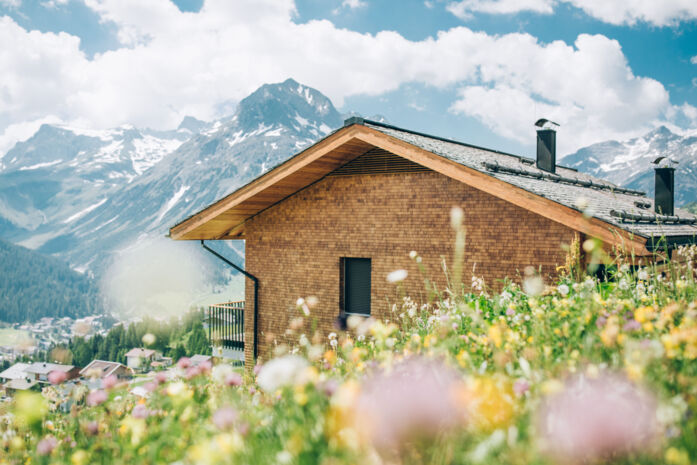 Bunte Frühlingswiese mit einem Holzhaus und einem steinigen Bergpanorama im Hintergrund