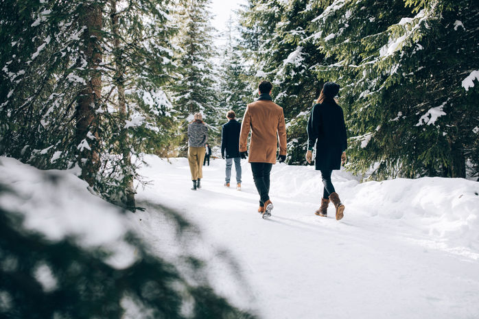 vier Freunde spazieren gemeinsam auf dem Winterwanderweg durch den Nadelwald